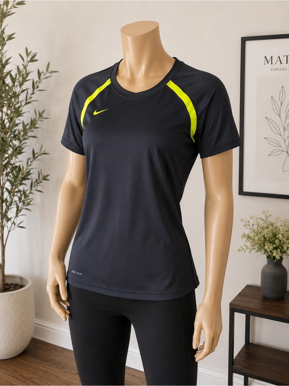 Nike Women’s Black Short Sleeve Performance Tee with Neon Yellow Accents